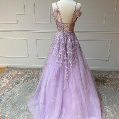 Lilac Tulle Long Prom Dresses A-line Custom..