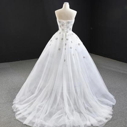 White Tulle Strapless Long Bridal Wedding Dress..