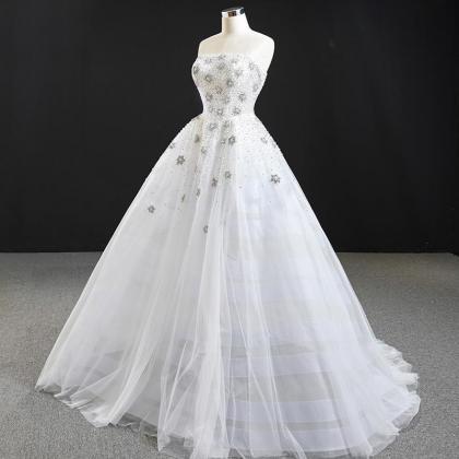 White Tulle Strapless Long Bridal Wedding Dress..