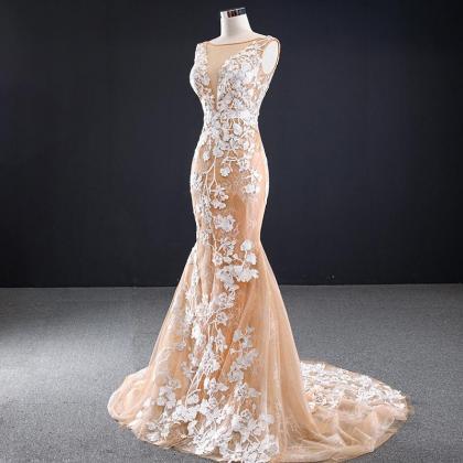 Champagne Tulle Long Evening Dress White Printed..