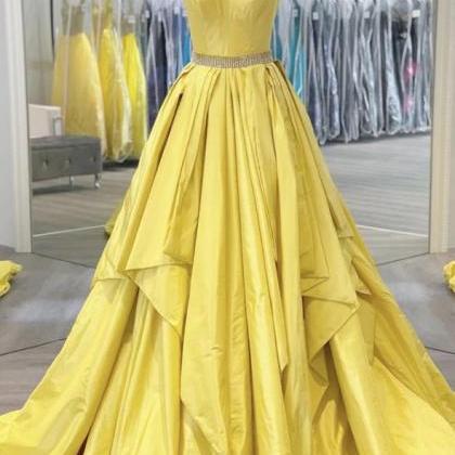 Yellow Satin Strapless Long A Line Beaded Prom..