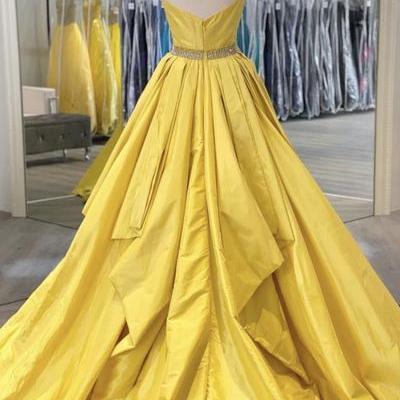 Yellow Satin Strapless Long A Line Beaded Prom..
