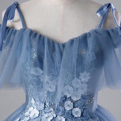 Blue Tulle Spaghetti Straps Long Formal Prom Dress..