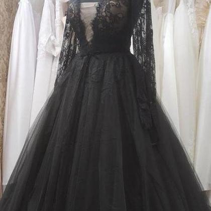 Black Deep V Neckline Evening Dress With Long..