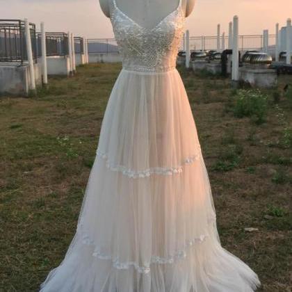 Ivory Beach Wedding Dresses Prom Dress V Neck..