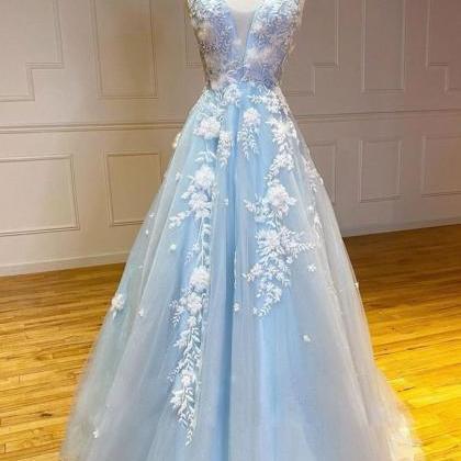 Blue Tulle V Neck Long A Line Prom Dress, Formal A..