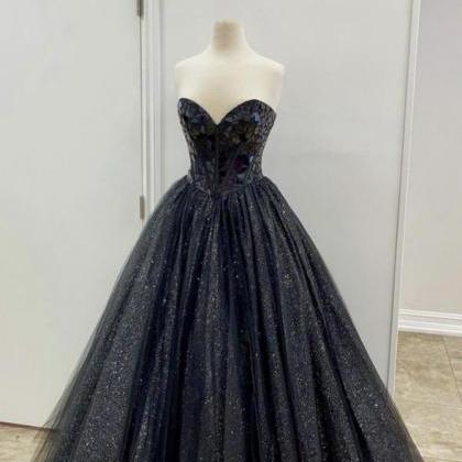 Sweetheart Black Tulle Beaded Long Strapless Prom..