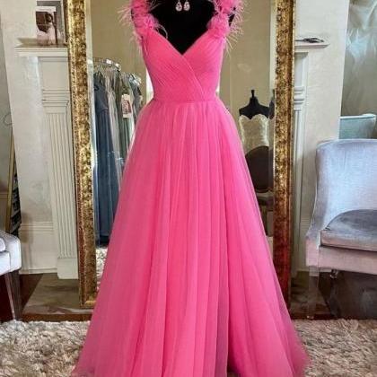 Pink Tulle V Neck Long A Line Customize Prom..