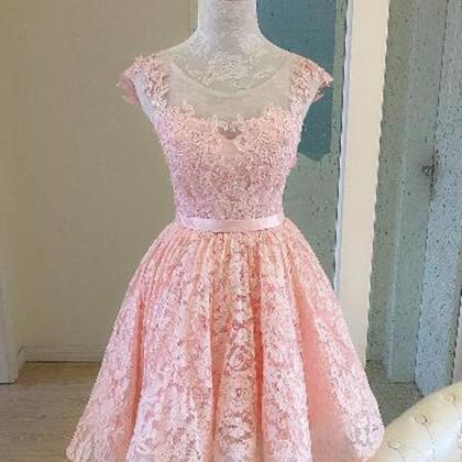 Pink Lace Short Prom Dress, Lace Appliques..