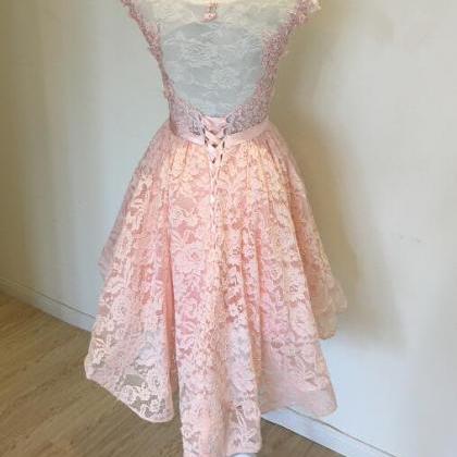 Pink Lace Short Prom Dress, Lace Appliques..