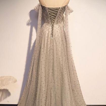 Gray Tulle A Line One Shoulder Long Prom Dress,..