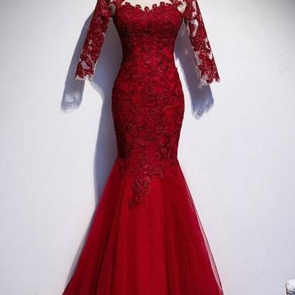 Burgundy Tulle Lace Round Neck Long Mermaid Prom..