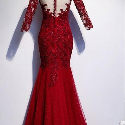 Burgundy Tulle Lace Round Neck Long Mermaid Prom..