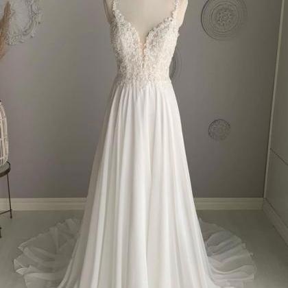 White Chiffon Lace V Neck Long A Line Prom Dress,..