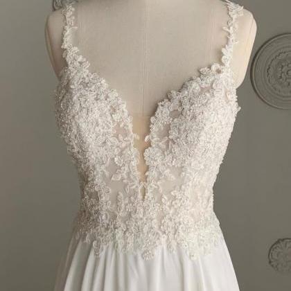 White Chiffon Lace V Neck Long A Line Prom Dress,..