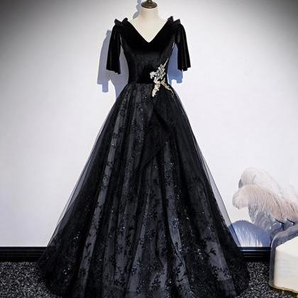 Black Velvet Lace V Neck Short Sleeve Long Prom..