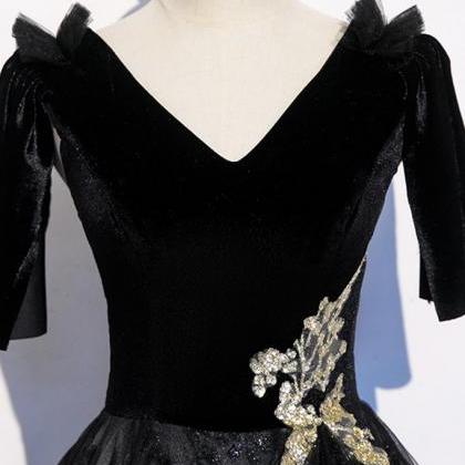 Black Velvet Lace V Neck Short Sleeve Long Prom..