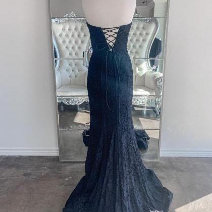 Navy Blue Lace Strapless Long Mermaid Prom Dress..