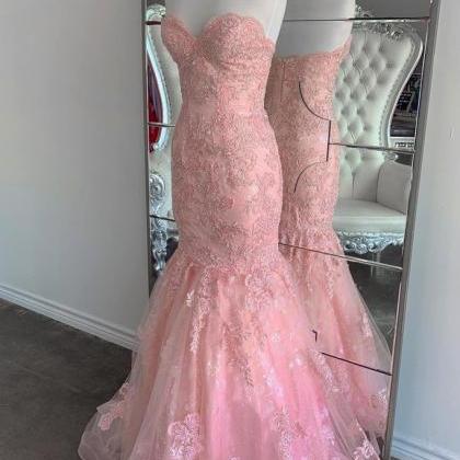 Strapless Pink Tulle Lace Long Mermaid Prom Dress..