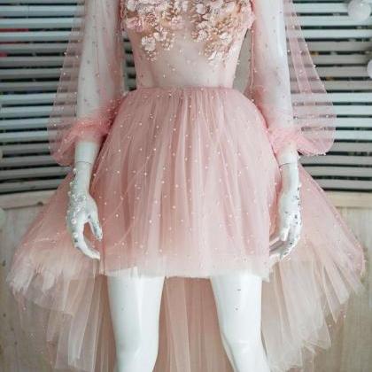 Pink Tulle Lace Applique High Low Homecoming..