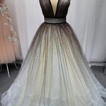2021 Long Tulle V Neck Simple A Line Prom Dress,..