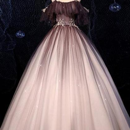 Simple Coffee Tulle Sequin V Neck Long Prom Dress..