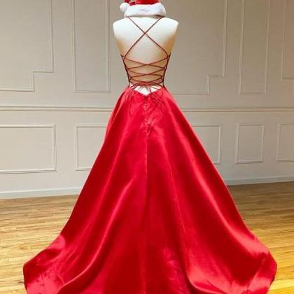 V-neck Spaghetti Straps Asymmetrical Soft Satin Dresses Red
