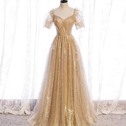 Gold Tulle Short Puffy Sleeves Long..