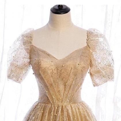 Gold Tulle Short Puffy Sleeves Long..