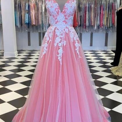 Pretty Pink Tulle V Neck Long A Line Prom Dress,..
