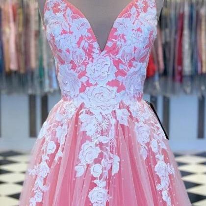 Pretty Pink Tulle V Neck Long A Line Prom Dress,..