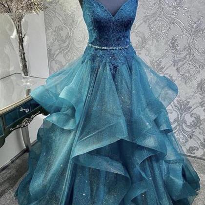Blue Tulle Lace Beaded Spaghetti Straps Long Prom..