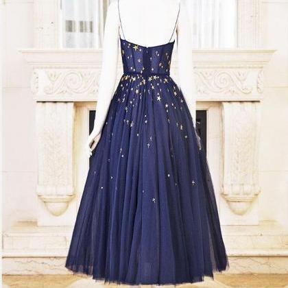 Deep Blue Tulle Open Back Tea Length Prom Dress..
