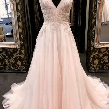 Light Pink Tulle V Neck Long Dress Prom Dress Lace..
