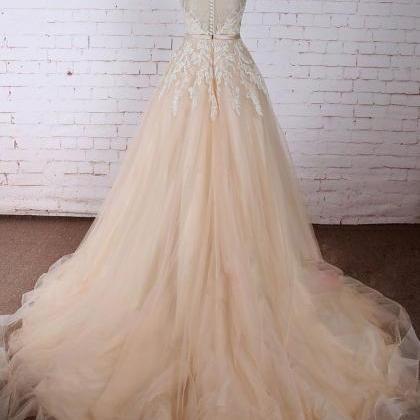 Light Champagne Tulle Long Lace A Line Customize..
