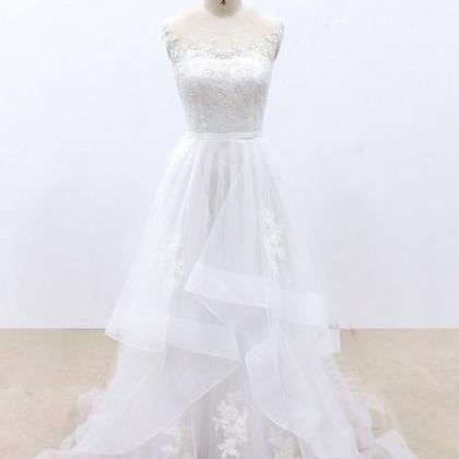 White Tulle Lace Round Neck Long A ..