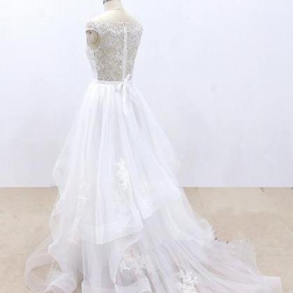 White Tulle Lace Round Neck Long A ..