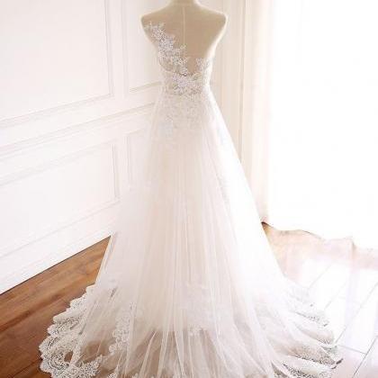 White Tulle Round Neck Long Lace Formal Prom..