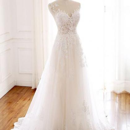 White Tulle Round Neck Long Lace Formal Prom..