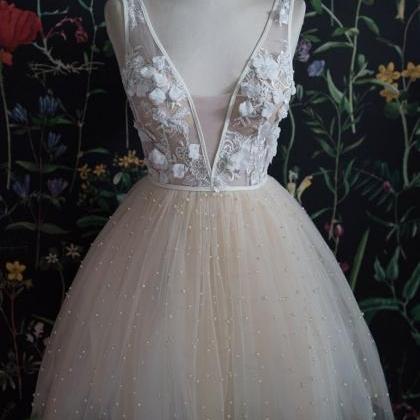 Champagne Tulle V Neck Short Prom Dress, Lace..