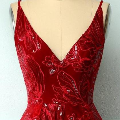 Burgundy Lace Sequin V Neck Short Prom Dress,..