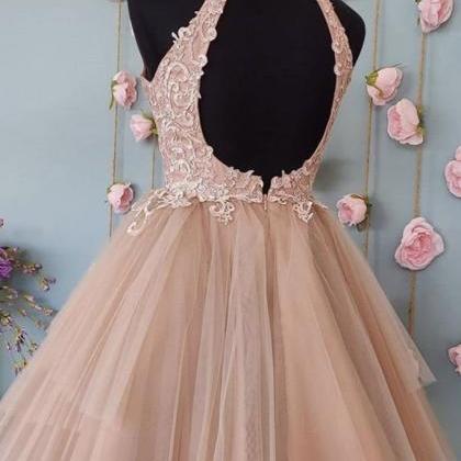 Pink Tulle Lace Short Open Back Prom Dress, Party..