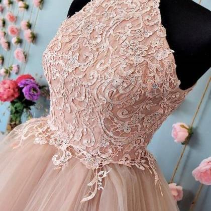 Pink Tulle Lace Short Open Back Prom Dress, Party..