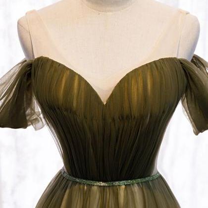 Simple Deep Green Tulle Off Shoulder Long Dress,..