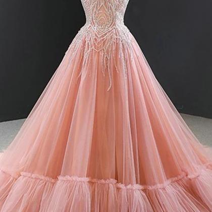 Women Prom Dresses Long Beadings Tulle Lace-up..