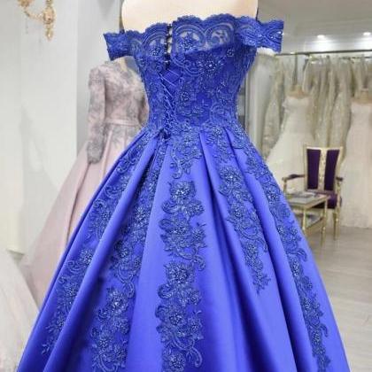 Royal Blue Satin Appliques Ball Gown Prom Dresses..