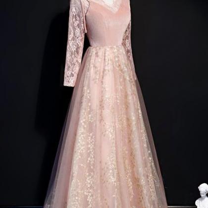 Pink Lace V-neck Long Sleeve Evening Prom Dresses..