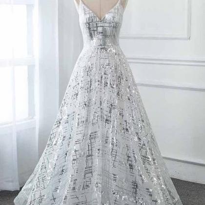 Silver Sequins Long Prom Dresses V Neck Formal..