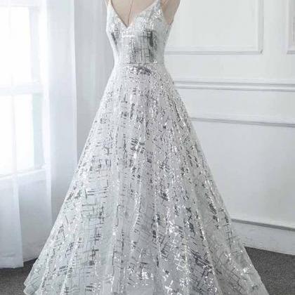 Silver Sequins Long Prom Dresses V Neck Formal..
