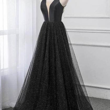 Sexy Black Deep V Neck Long Prom Dresses Backless..